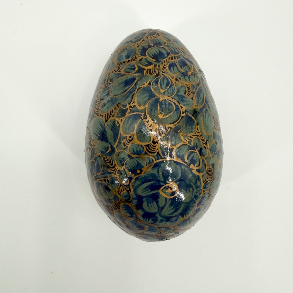 Vintage Kashmir India Papier-Mâché Hand Painted Blue Teal Gold Floral Egg